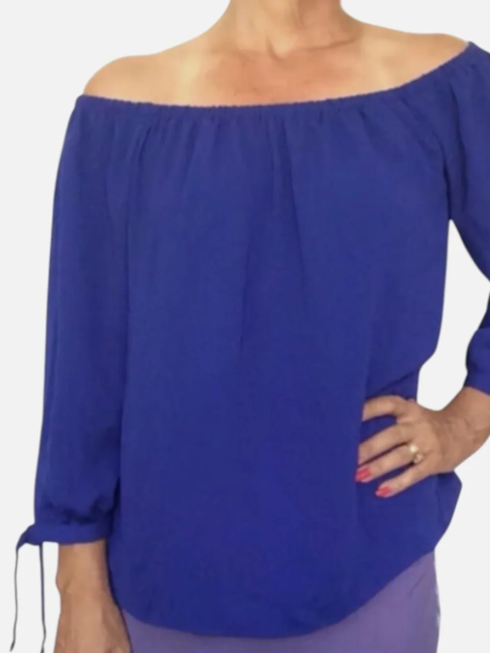 J. Crew Royal Blue OFF-THE-SHOULDER Top/Blouse, Tie Sleeves FLOWY/PEASANT, Sz S - Picture 3 of 5